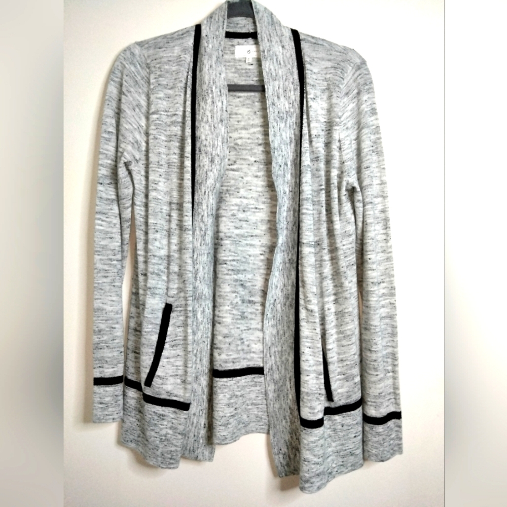 Lou & Grey (Sz S) Heather Gray & Black Piping LS Slip Pocket Open Front Cardigan